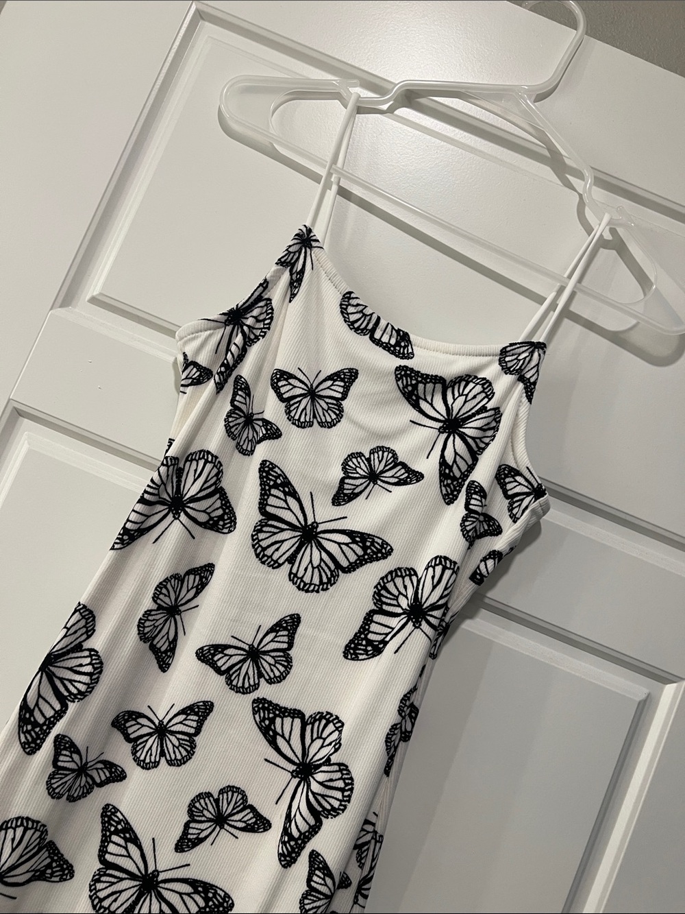 White Spaghetti Strap Dress with Black Butterfly Print
